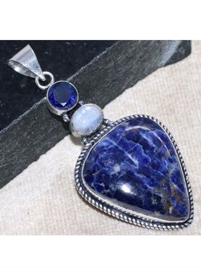 Sodalite, Rainbow Moonstone, and Blue Sapphire 925 Sterling Silver Necklace